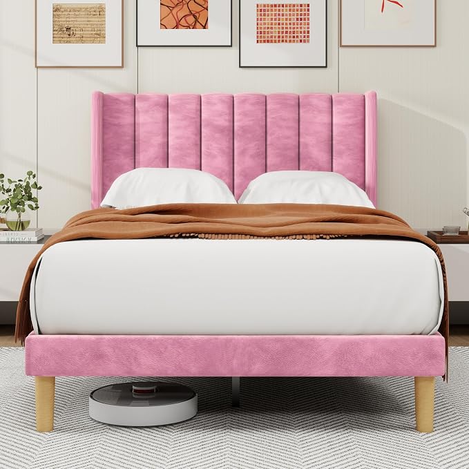 alazyhome Platform Bed Frame Full Size with Upholstered Headboard, Solid Wood Slats Support, No Box Spring Needed, Noise Free, Easy Assembly, Modern Velvet Bed, Pink