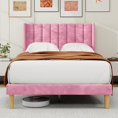 alazyhome Platform Bed Frame Full Size with Upholstered Headboard, Solid Wood Slats Support, No Box Spring Needed, Noise Free, Easy Assembly, Modern Velvet Bed, Pink