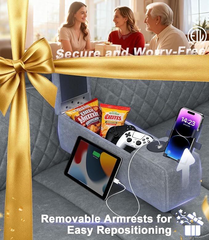 Power Loveseat Recliner Sofa, Removable Armrest 3 Seats Power Reclining Loveseat with Remote Liftable Console, Wall Hugger RV Theater Seating with Storage & USB & RGB (PU, Grey)