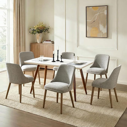 Upholstered Dining Chairs Set of 6, Fabric Dining Room Chairs with Curved Backrest, Solid Wood Legs, Modern Kitchen Chairs for Dining Room Living Room, Grey