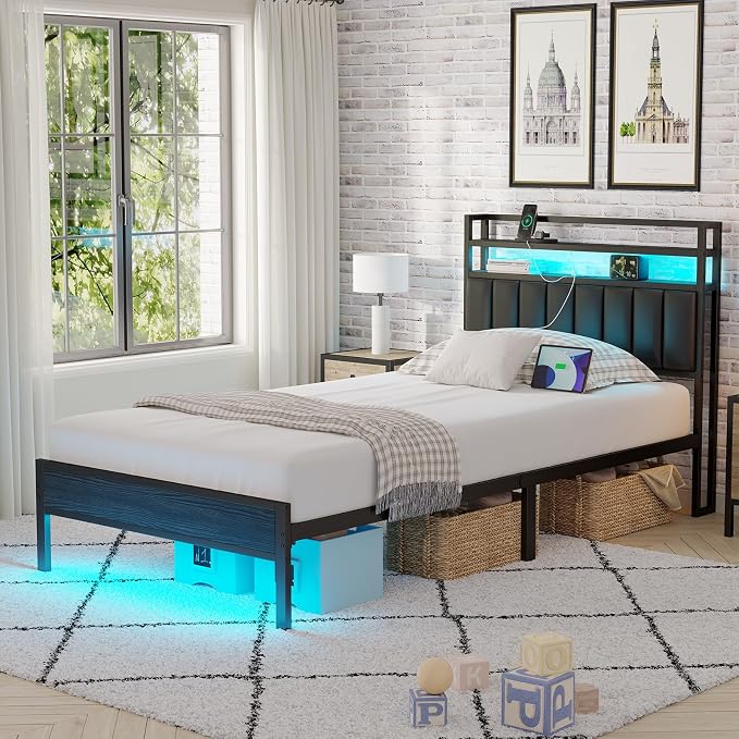 Twin Size Bed Frame with Upholstered Headboard and 2-Tier Storage Shelves | Metal / Charging Station / LED Lights / Under Bed Storage / Non-slip/ Noise Free / No Box Spring Needed / Black