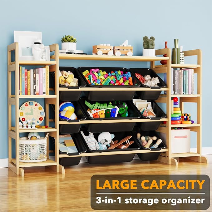SpaceAid Large Toy Storage Organizer 9 Shelves 9 Bins, Toy Organizers Storage Bookshelf, Kids Bin Shelf Toys Box Bookcase for Bedroom Playroom Organization Room Decor, Neutral Gray