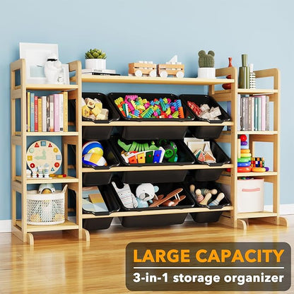 SpaceAid Large Toy Storage Organizer 9 Shelves 9 Bins, Toy Organizers Storage Bookshelf, Kids Bin Shelf Toys Box Bookcase for Bedroom Playroom Organization Room Decor, Neutral Gray