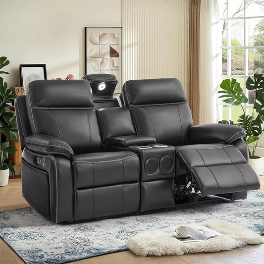 Power Reclining Loveseat with LED Reading Light/Storage Drawer, Power Loveseat Recliner Sofa, Reclining Loveseat with Bluetooth Speakers/Outlets/Breathing Leather (Brown, 2 Seat with Console)