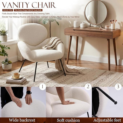 Small Accent Chair Set of 2,Sherpa Chair with Love Back, Boucle Chairs with Metal Legs, Comfy Modern Reading Chairs/Sherpa Accent Chair with Thick High-Elastic Sponge/Cream Style Room (White)