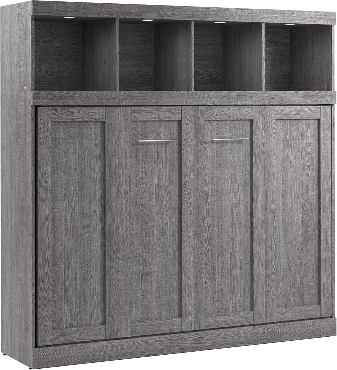 Bestar Full Size Horizontal Murphy Bed with Storage and Charging Station, 80-inch, for Bedroom or Guestroom, Pur Collection, Modern, Gray