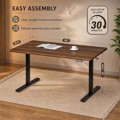 Grandder 63x32 Large Electric Standing Desk, Height Adjustable Computer Desk with 2 Memory Presets, 31.5" Deep Desktop Sit Stand Desk Home Office Desk Workstation Table with Hooks, Walnut