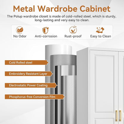 Polup Metal Wardrobe Closet with Doors and Shelves, 71" Tall Steel Armoire with Hanging Rod & Storage Drawer, Sturdy Freestanding Clothes Organizer for Bedroom, Office, Laundry Room, White