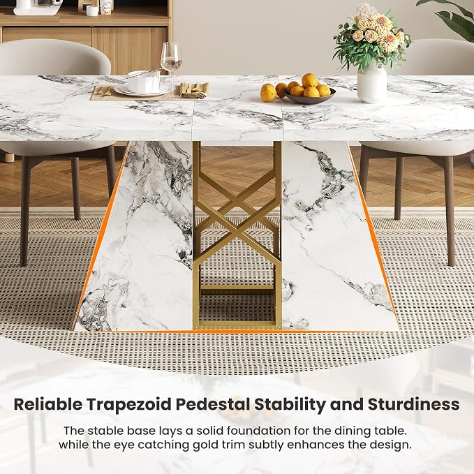 HOMISSUE 71 Inch Modern White Dining Table for 6-8 People, Large Faux Marble Kitchen and Dining Room Table,Rectanglar Dinner Table with Metal Frame for Dining Room, Living Room, White