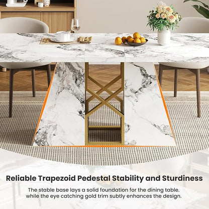 HOMISSUE 71 Inch Modern White Dining Table for 6-8 People, Large Faux Marble Kitchen and Dining Room Table,Rectanglar Dinner Table with Metal Frame for Dining Room, Living Room, White