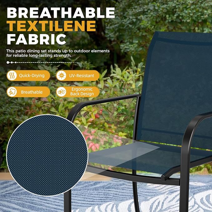 SUNCROWN 6 - Piece Outdoor Dining Set, Patio Furniture Set with 4 Textilene Dinning Chairs, 1 Steel Slat Metal Bistro Table and 1 Brown 9Ft Patio Umbrella for Lawn Garden Backyard Deck, Blue