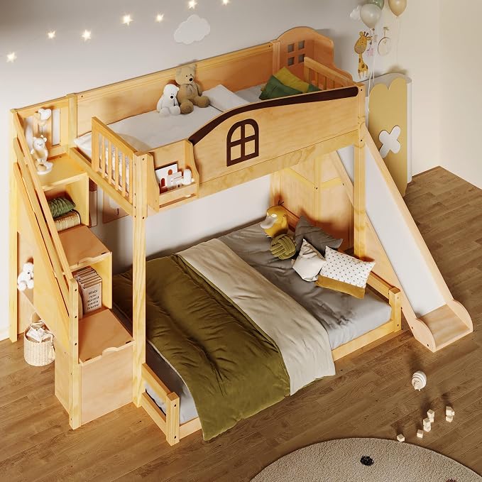 RUNNA Twin Over Full Bunk Bed with Slide,Storage Stairs,Shelf | Twin over full bunk bed with slide, storage stairs, overhead shelf, solid wood, guardrails, no box spring needed
