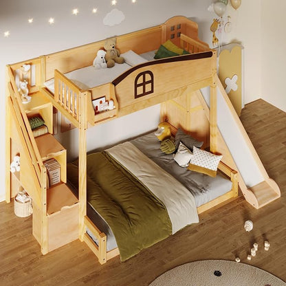RUNNA Twin Over Full Bunk Bed with Slide,Storage Stairs,Shelf | Twin over full bunk bed with slide, storage stairs, overhead shelf, solid wood, guardrails, no box spring needed