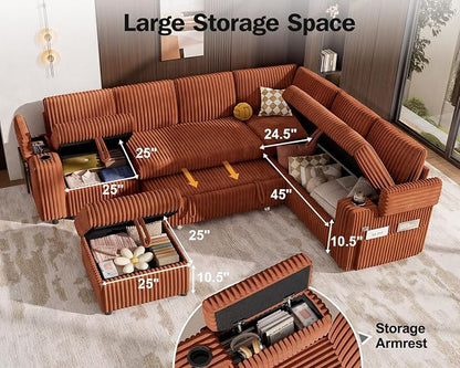 Vipbear 111" Modular Sectional Sleeper Sofa with Pull Out Bed, 7 Seat Corduroy L Shaped Couch with Ottoman|USB Ports|Cup Holders|Side Table|Storage Armrest, Tool Free Assembly, Orange