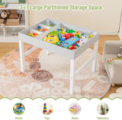 HONEY JOY Kids Table, 3 in 1 Toddler Wooden Activity Table, Convertible Building Block Tabletop, 3 Storage Compartments, Children Furniture Set for Daycare, Playroom (White)