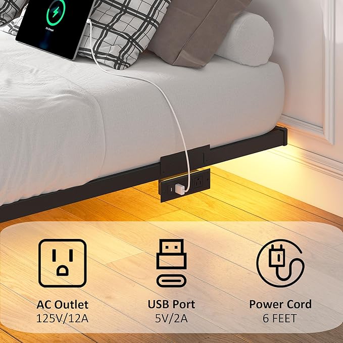 YORMDMO Floating Bed Frame Twin Size, Heavy Duty Bedframe with Smart LED Lights & Charging Station, Modern Metal Platform Bed, Easy Assembly No Box Spring Needed, 10 Inch