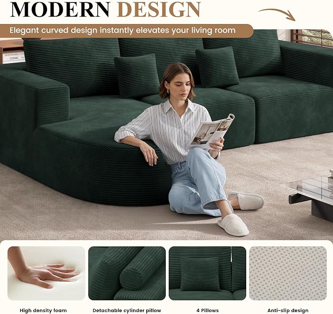 Modern U Shaped Modular Sectional Sofa, Convertible Oversized Cloud Couches for Living Room, Comfy 8 Seater Corduroy Boneless Couch Sofa Set, No Assembly Required, Beige 1 PCS