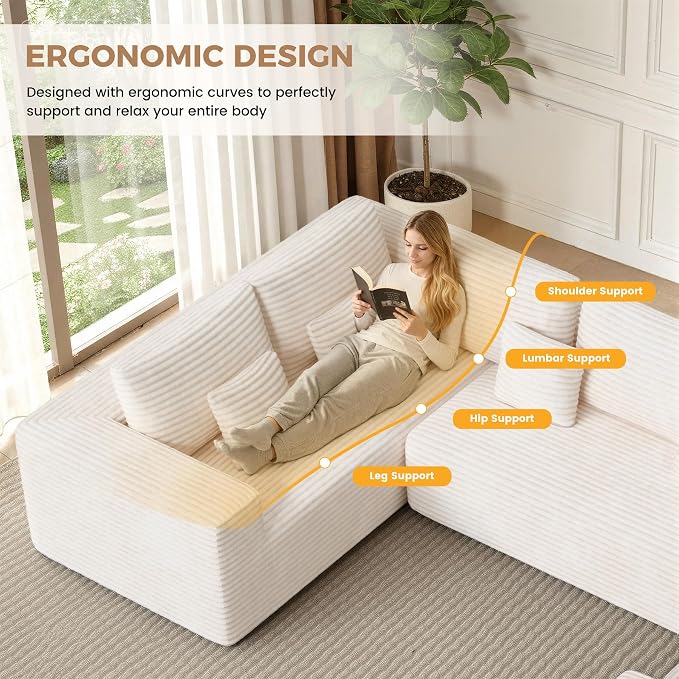 Luxanimarion 136'' Large Sectional Cloud Couches with Chaise, U Shaped Boneless Sofa Bed with Ottoman, No Assembly Required Deep Seat Modular Lounge for Living Room 4PCS Set, Bedroom(Beige)