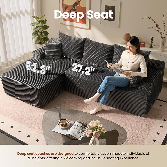 ovios 96" Cloud Sectional Couch with L-Shape Chaise,Modern Modular Sofa with Deep Seat, Upholstered Couches for Living Room Bedroom,No Assembly Required, Grey (Plush Corduroy Fabric)