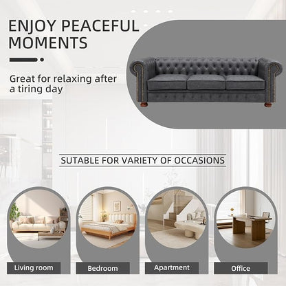 Chesterfield Leather Sofa, 89" Mid Century Modern Couch with Low Back, Roll Arm Nailhead Trim Classic 3 Seater Couch for Living Room, Office, Apartment, Faux Leather Dark Grey