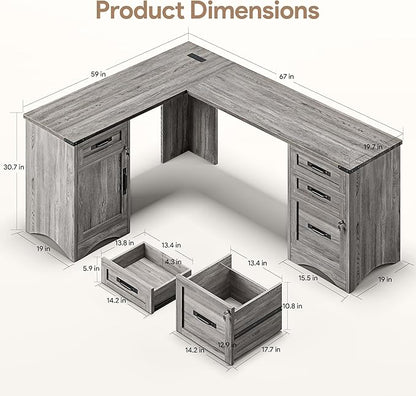 Decofy 67" Farmhouse L Shaped Standing Desk with Drawers Home Office Executive Desks with Fast Charging Station, Lockable File Cabinet, Wood Writing Computer Desk for Work, Study, Grey