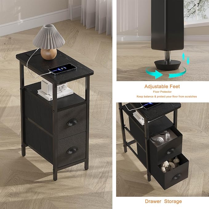 sthmec Narrow End Table with Charging Station, Narrow Side Table with 2 Fabric Drawers, Slim Nightstand, Skinny Bedside Table, Small Side Table for Small Spaces, Living Room, Bedroom, Black