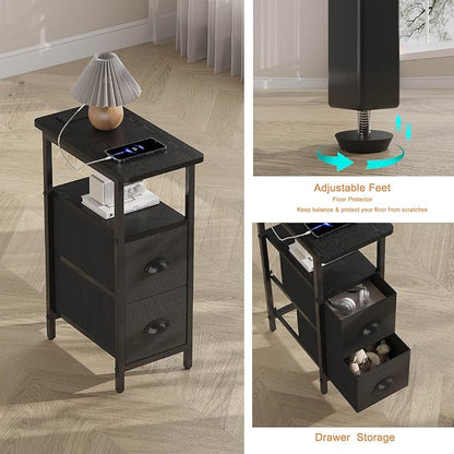 sthmec Narrow End Table with Charging Station, Narrow Side Table with 2 Fabric Drawers, Slim Nightstand, Skinny Bedside Table, Small Side Table for Small Spaces, Living Room, Bedroom, Black