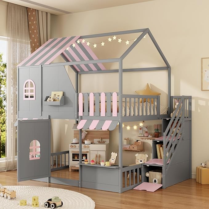Merax Full Over Full Wood House Bunk Bed with Storage Staircase & Shelves, Floor Multifunction Bunk Bed with Full Length Gardrails for Bedroom,Playhouse Design, Roof & Door, Space Saving, Gray+Pink