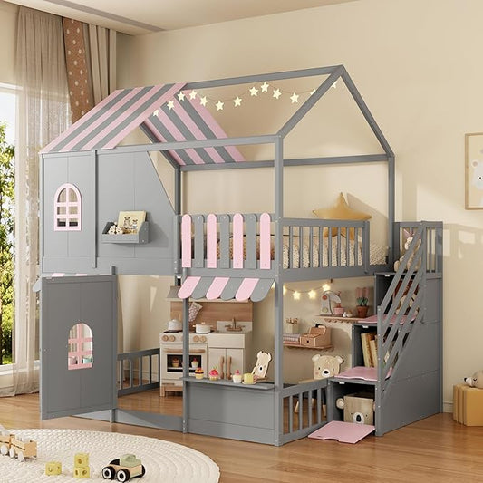 Merax Full Over Full Wood House Bunk Bed with Storage Staircase & Shelves, Floor Multifunction Bunk Bed with Full Length Gardrails for Bedroom,Playhouse Design, Roof & Door, Space Saving, Gray+Pink