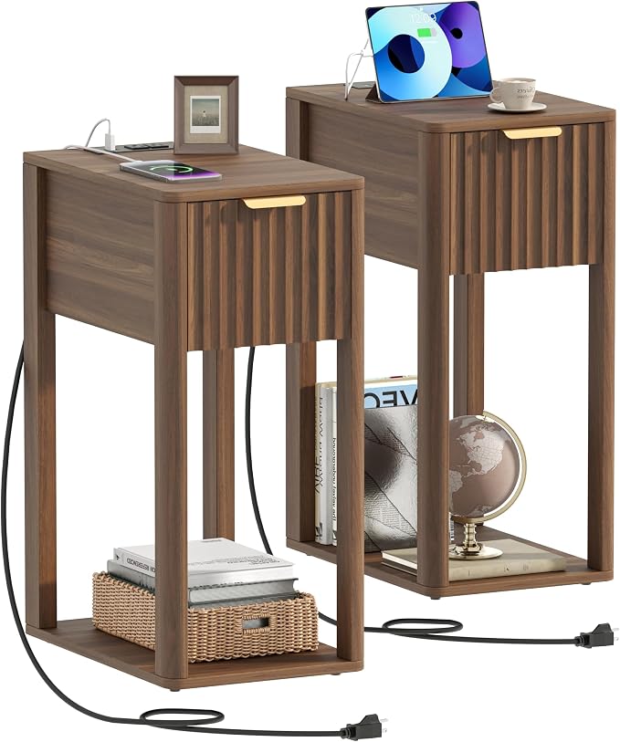 Akxomel Narrow Fluted Nightstands Set of 2, Wooden Slim Bedside Table with Charging Station, Mid-Century Modern Night Stand with Drawer and Open Shelf, Small Side End Table, for Bedroom, Walnut
