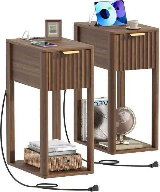 Akxomel Narrow Fluted Nightstands Set of 2, Wooden Slim Bedside Table with Charging Station, Mid-Century Modern Night Stand with Drawer and Open Shelf, Small Side End Table, for Bedroom, Walnut