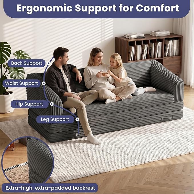 JUIKURY Convertible Sofa Bed, 3-in-1 Foldable Loveseat Couch with Armrest, Corduroy Floor Sofa & Sleeper Bed, No Assembly High-Density Foam Futon Mattress for Living Room, Small Apartment, Dorm