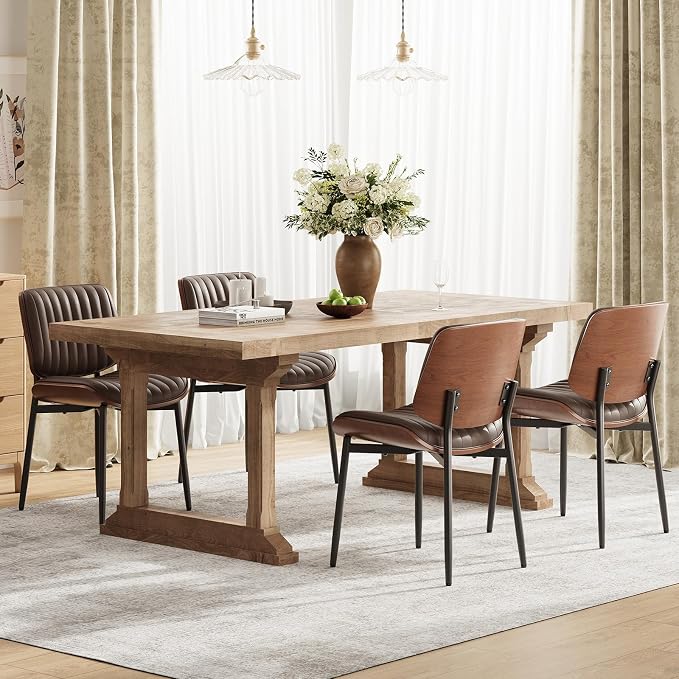 MALOL Leather Dining Chairs Set of 4, Modern Upholstered Dining Room Kitchen Chairs with Metal Legs and Wooden Back Support for Home Dining Room/Restaurant, Brown