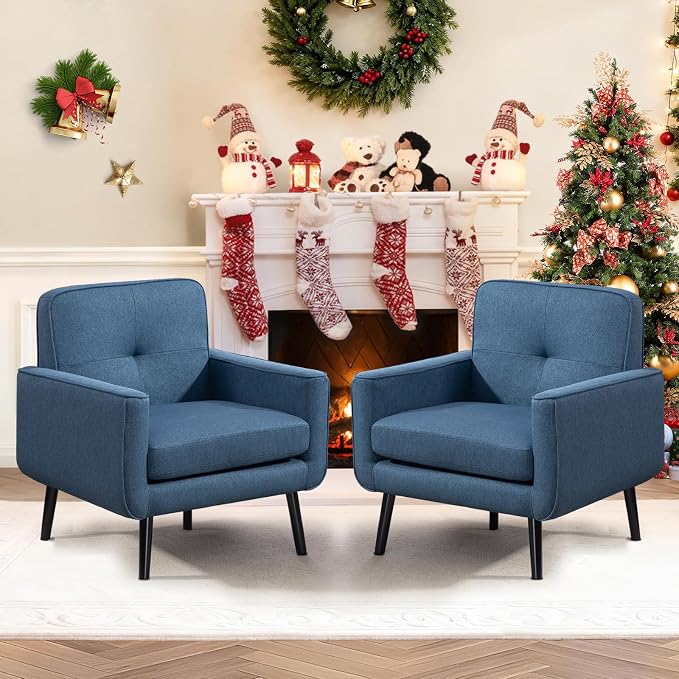 Vogue Furniture Direct Accent Chair Set of 2, Fabric Modern Chair with Wooden Frame, Cozy Armchair Reading Chair with Comfy Back for Apartment, Living Room, Bedroom, Small Space, Corner, Blue