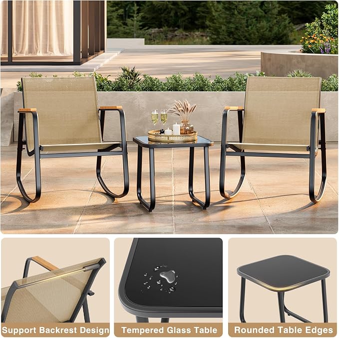 Ahomly 3-Piece Outdoor Rocking Bistro Set, Outdoor Patio Furniture Set with Textilene Fabric, Patio Rocking Chairs and Glass Table for Garden Balcony Backyard Poolside Brown