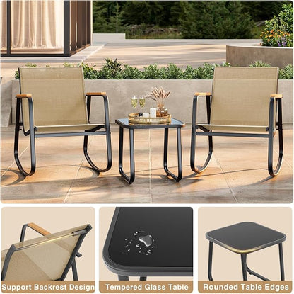 Ahomly 3-Piece Outdoor Rocking Bistro Set, Outdoor Patio Furniture Set with Textilene Fabric, Patio Rocking Chairs and Glass Table for Garden Balcony Backyard Poolside Brown