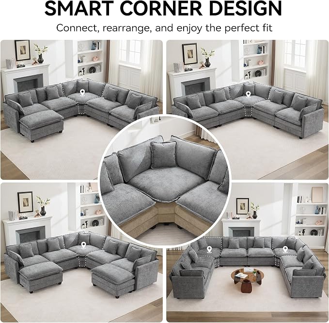 147'' Oversized U Shaped Cloud Sectional Sofa, Chenille Deep Seat Couches for Living Room, Comfy Upholstered Modular Sectional Sofa Couch, Grey