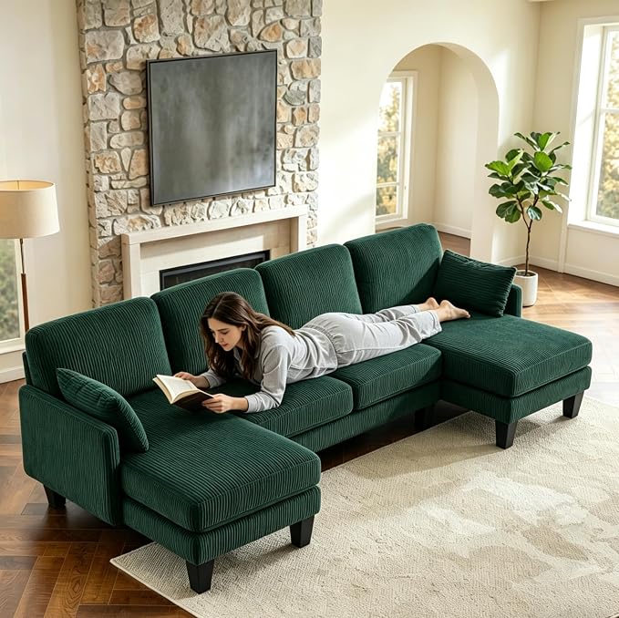 VINGLI 108" W U-Shaped Sectional Couches for Living Room, Sturdy Wooden Armrest Corduroy Cloud Couch with Double Chaise, High Support Modern 4-Seat Sectional Sofa for Apartment, Offices, Dark Green
