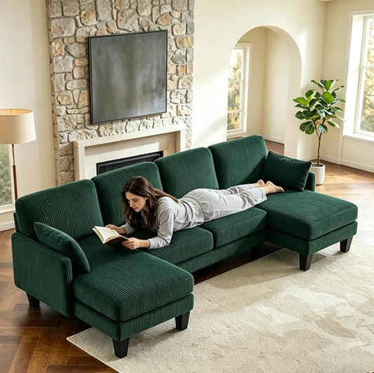 VINGLI 108" W U-Shaped Sectional Couches for Living Room, Sturdy Wooden Armrest Corduroy Cloud Couch with Double Chaise, High Support Modern 4-Seat Sectional Sofa for Apartment, Offices, Dark Green