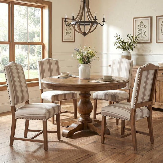 ROCITY Linen Dining Chairs Set of 4 Upholstered Farmhouse Dining Room Chairs Kitchen Side Chairs with Wooden Legs&Nailhead Trim, Beige with Brown Stripe