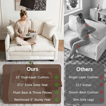 Loveseat Sofa, 52''Modern Cloud Sofa Couch with 27" Deep Seat & 2 Pillows, Comfy Chenille Small Couch for Small Spaces, Apartment, Studio, Bedroom, Living Room (Beige, Loveseat)