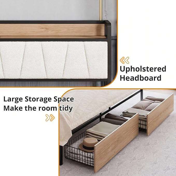 LIKIMIO California King Size Bed Frame with 2 Drawers and Charging Station | Platform Bed with Upholstered Storage Headboard, No Box Spring Needed, Easy Assembly, Sturdy, Wood and Cream