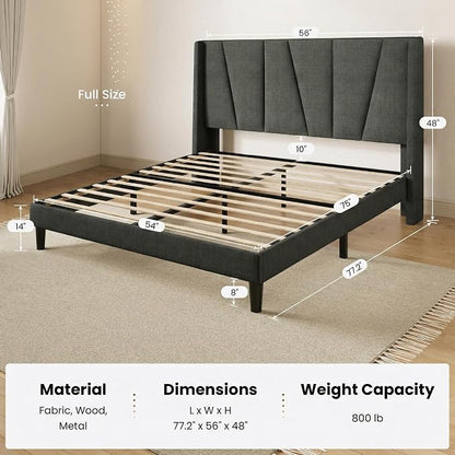 SHA CERLIN Full Size Bed Frame with Geometric Wingback Headboard, Upholstered Platform Bed with Wooden Slats Support, 8" Under-Bed Space, No Box Spring Needed, Easy Assembly, Grey