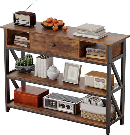 Mexin 39 Inch Console Sofa Table with Drawer, Entryway Table with Storage Shelves, Industrial Wood Hallway Table for Living Room Couch Foyer Kitchen Counter, Rustic Brown