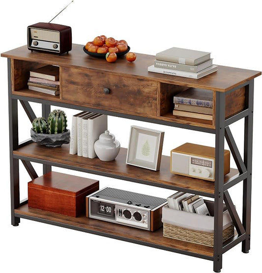 Mexin 39 Inch Console Sofa Table with Drawer, Entryway Table with Storage Shelves, Industrial Wood Hallway Table for Living Room Couch Foyer Kitchen Counter, Rustic Brown