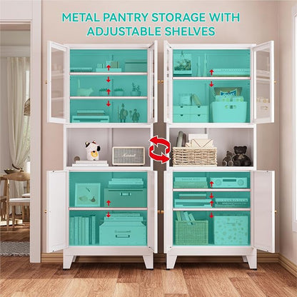 69" Tall Pantry Cabinet with Open Shelf,13.78“Deep By 28" Wide Storage Cabinet with Glass Doors and Adjustable Shelves,Microwave Stand,for Kitchen Dining Room Bathroom,White,1Pc