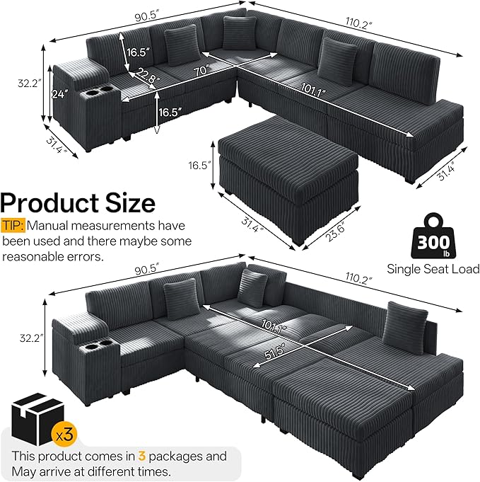 KEIKI 110" L-Shaped Oversized Plush Corduroy Modular Sectional Sofa with Pull-Out Bed, Convertible 6-Seater Sleeper Couch Bed with 1 Ottomans & USB & Cup Holders, Easy Assembly, for Living Room, Gray