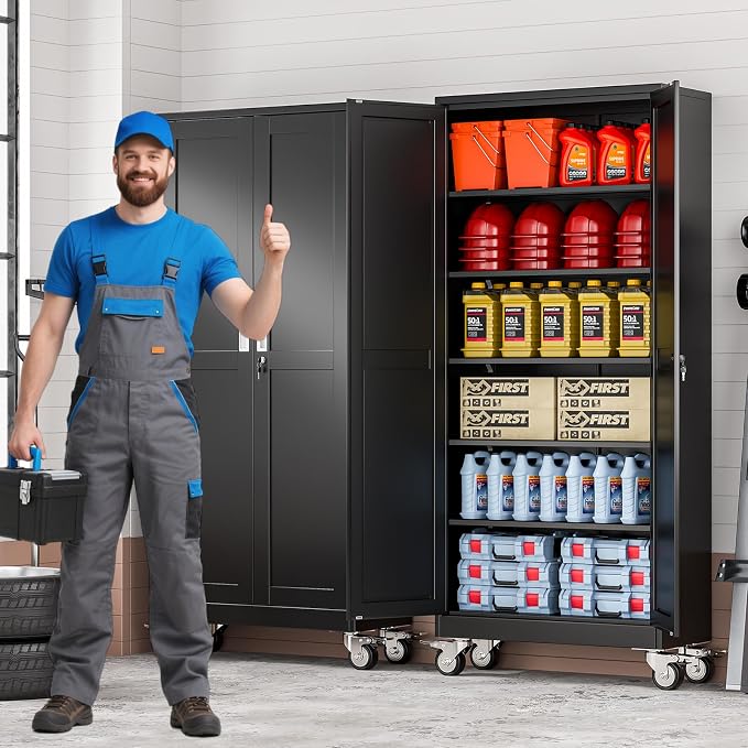 75" Metal Garage Storage Cabinet with Wheels and Locking Doors and Tall Rolling Steel Tool Cabinet with 5 Adjustable Shelves for Garage,Home,Office,Shop (Black, 75''H x 32''W x16''D)