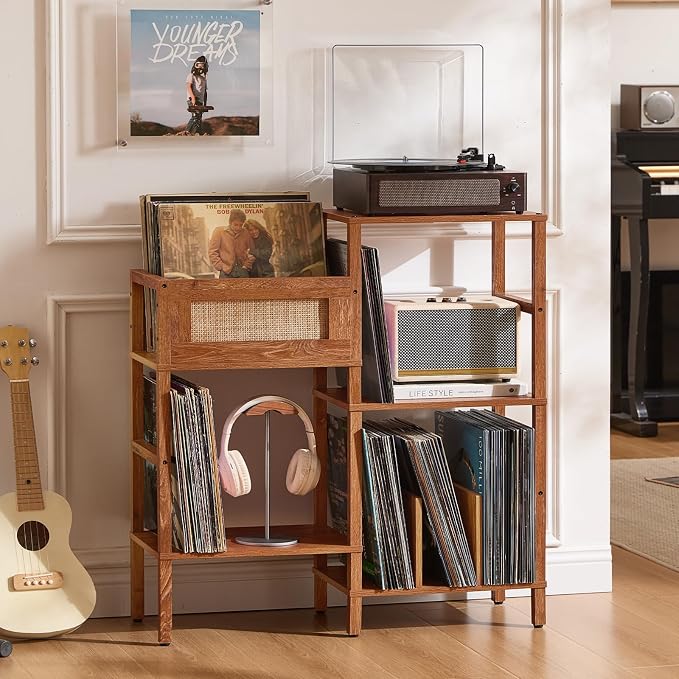 LELELINKY Record Player Stand, Brown Wood Record Holder with Vinyl Storage Holds up to 300+ Albums, 3-Tier Rattan Media Table with Vinyl Display Shelf, Record Storage Cabinet for Living Room