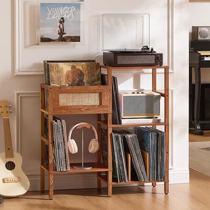 LELELINKY Record Player Stand, Brown Wood Record Holder with Vinyl Storage Holds up to 300+ Albums, 3-Tier Rattan Media Table with Vinyl Display Shelf, Record Storage Cabinet for Living Room